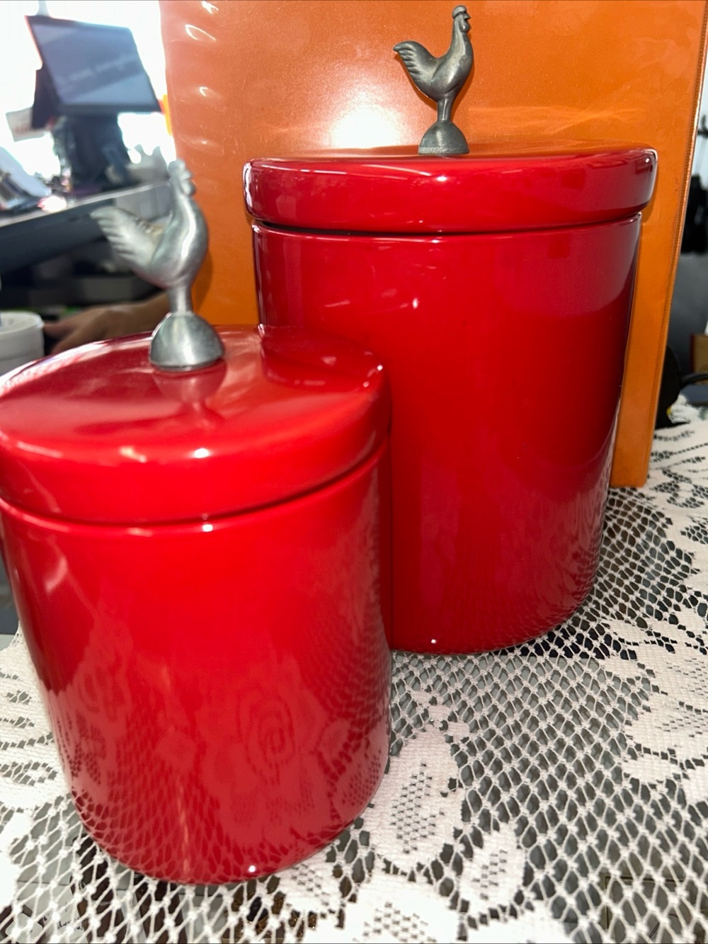 Boston Warehouse Red Ceramic Canister Set with Rooster Knobs